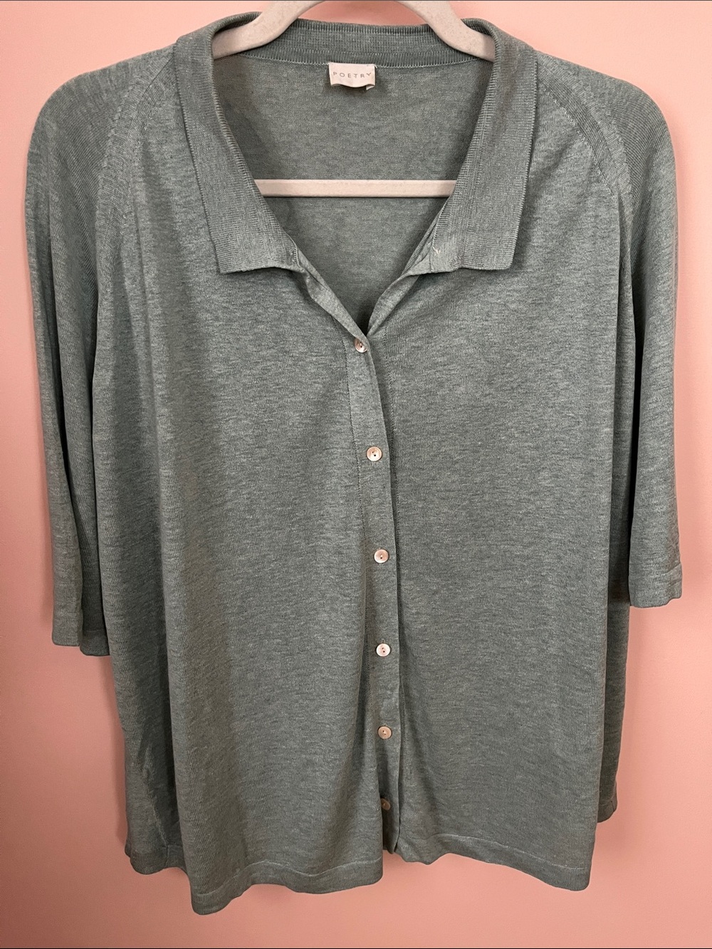 POETRY 80% Silk 20% Linen Button Front Collared Knit Sea Green Blouse Sz 12